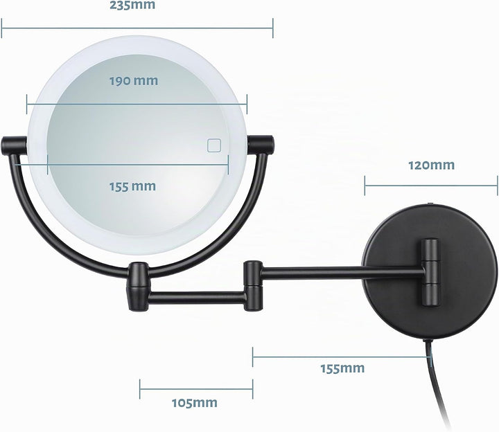LED Kosmetikspiegel Modena schwarz – 360° Wand-Schminkspiegel mit Dimmer, Tageslicht-LEDs &amp; 5x/10x V