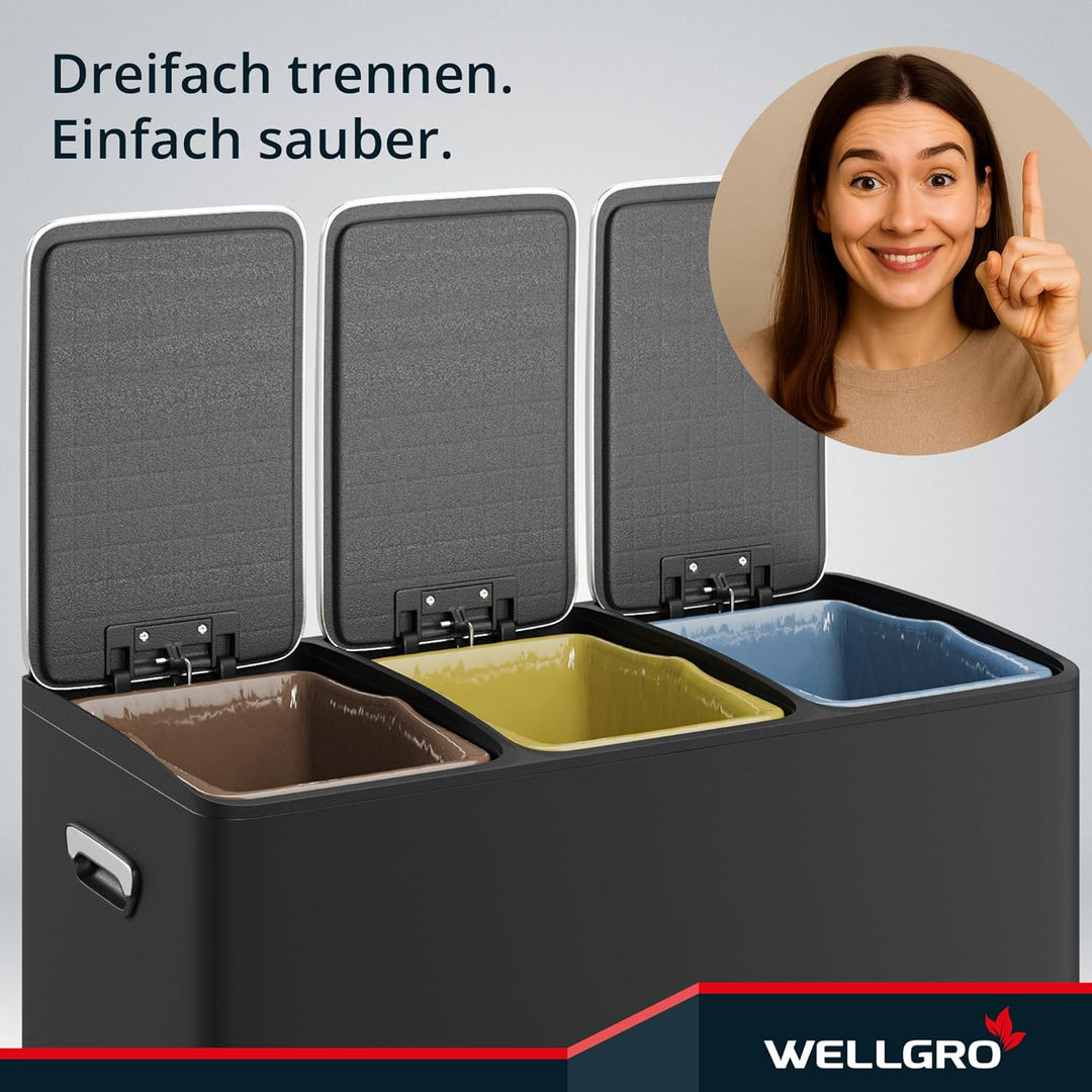 WELLGRO Treteimer, Mülleimer, Edelstahl Tretmülleimer mit 3 x 15 Liter, klappbaren Fusspedalen, Abse