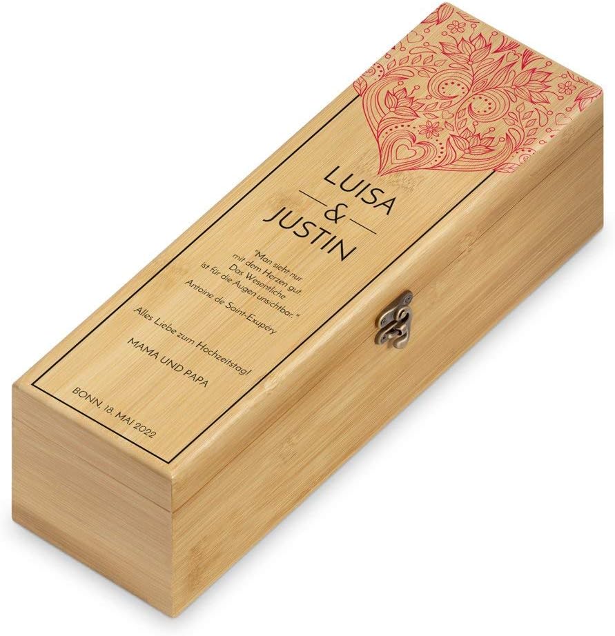 Maverton Weinbox für 0,7L Weinflasche - Wein Holzbox personalisiert + 4er Weinzubehör - Weinset Wein