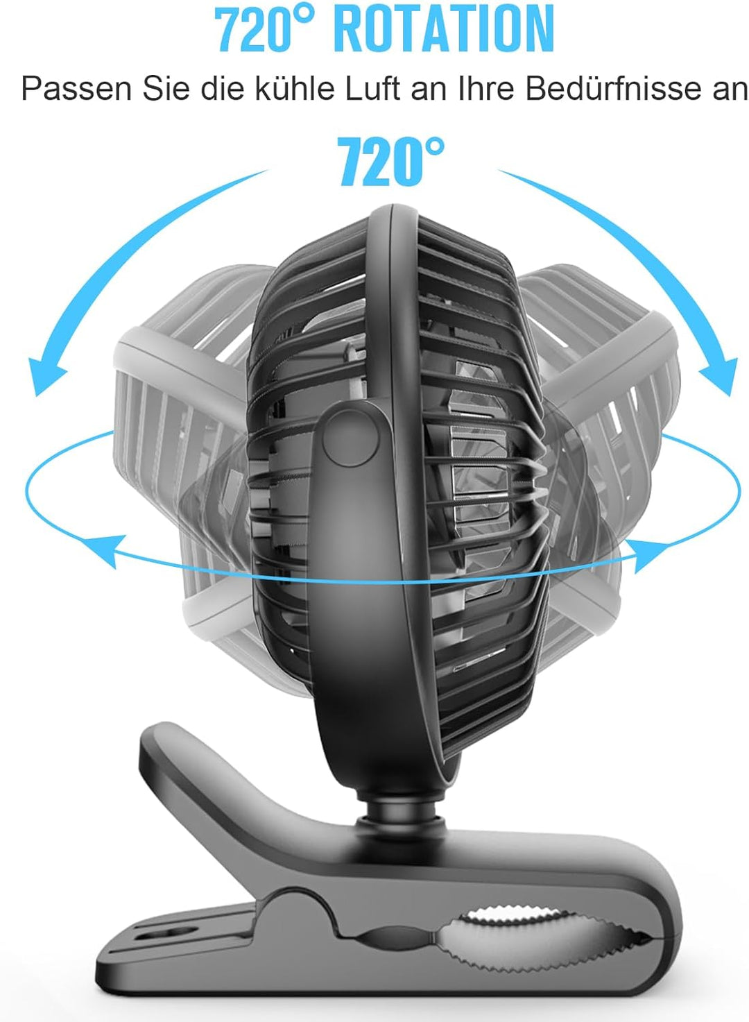 HONYIN Mini Ventilator mit Clip, 720 Grad Drehung Kleiner USB Ventilator, Starke + Stabile Klammer,