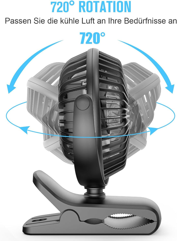 HONYIN Mini Ventilator mit Clip, 720 Grad Drehung Kleiner USB Ventilator, Starke + Stabile Klammer,