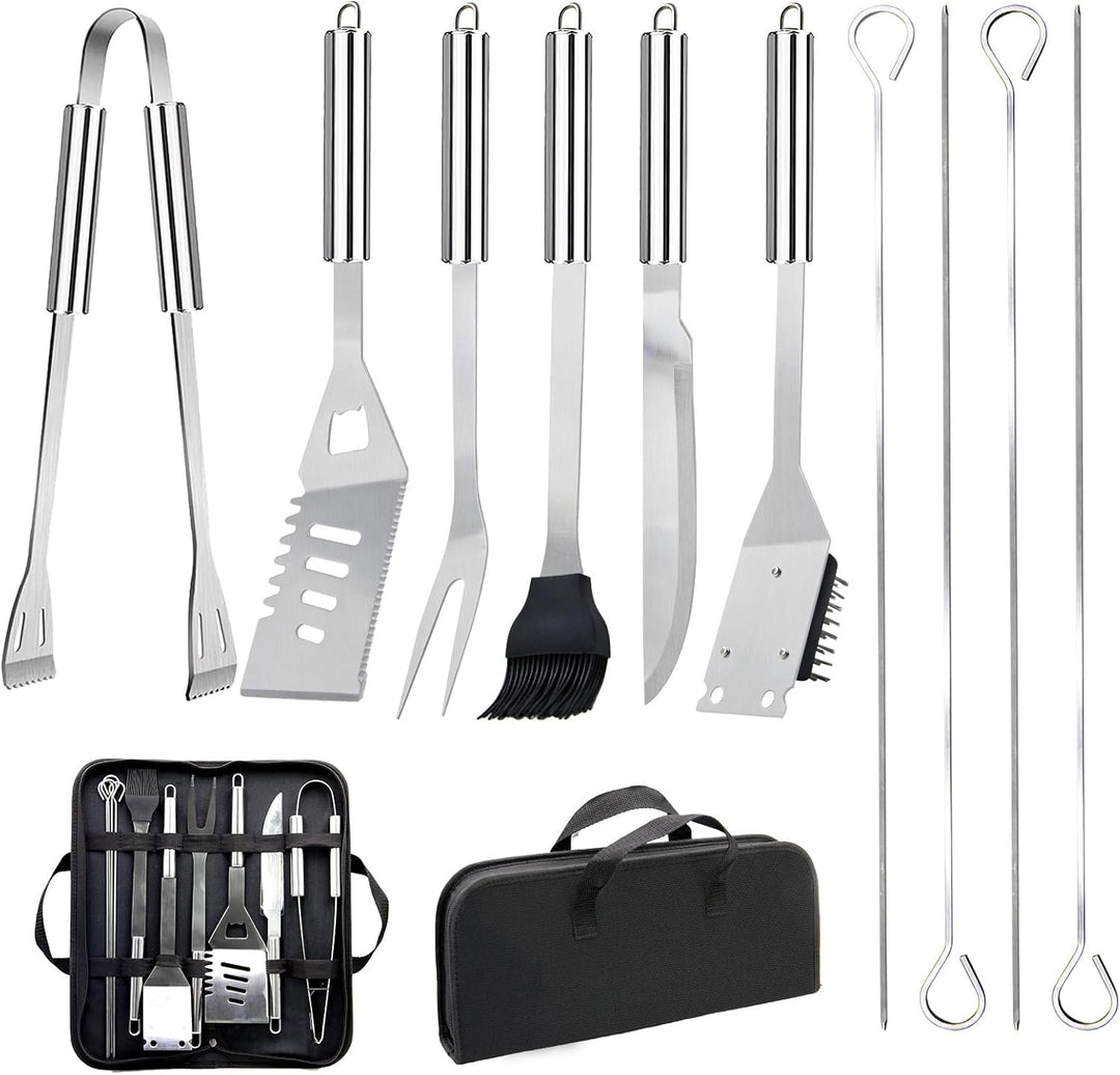Grillbesteck-Set 11-TLG. 34 cm, Edelstahl, Grillzubehör mit Grillzange, Grillgabel, Tragbare Grillko