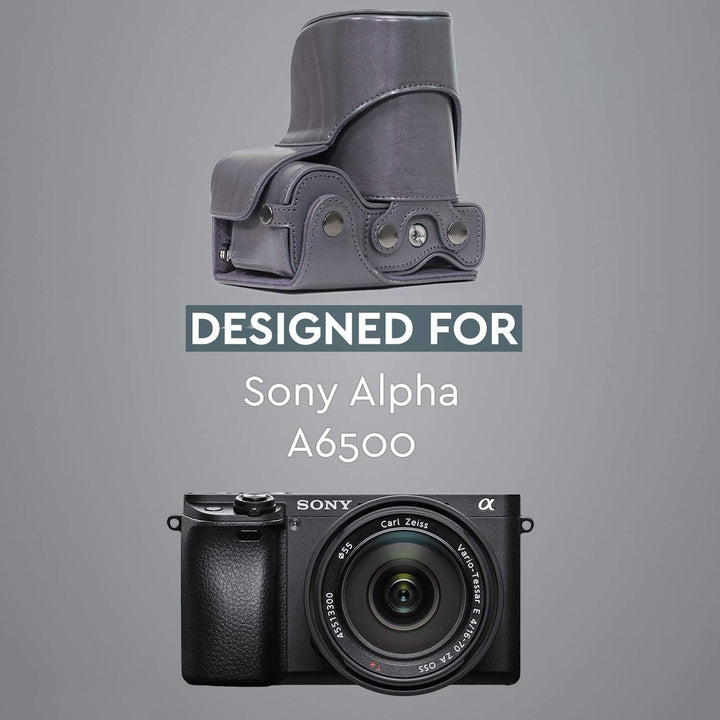 MegaGear Sony Alpha A6500 (up to 16-70mm Objektiv) Ever Ready Leder Kamera-Case mit Trageriemen und