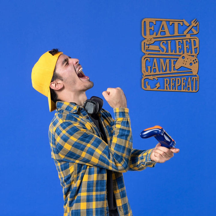 Namofactur Eat Sleep Game Repeat Deko Gamer Zimmer Wand I Wandlampe Geburtstag Gamer I MDF Holz Deko