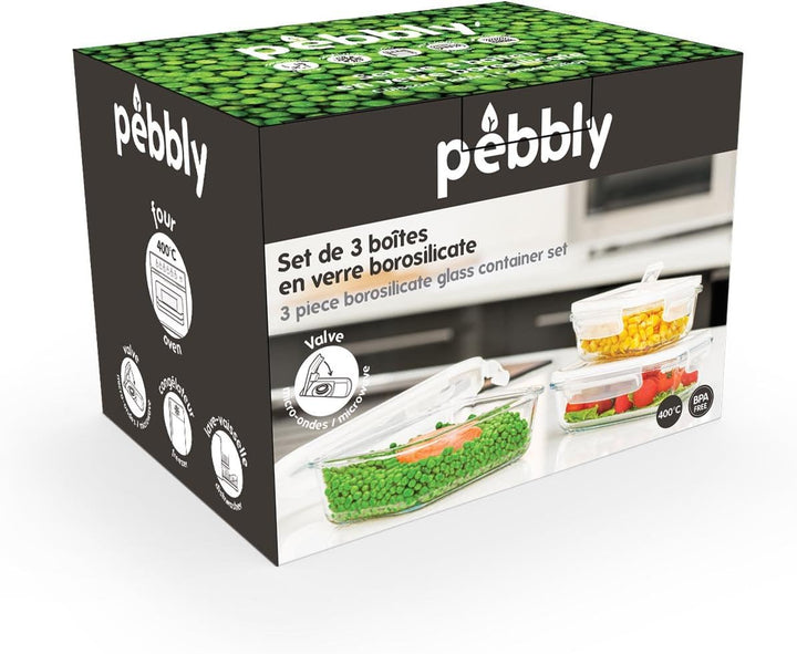 Pebbly 3ER-Set RECHTECKIGE VORRATSBEHÄLTER - 400-650-1000 ml Set de 3 boites rectangulaires, Set de