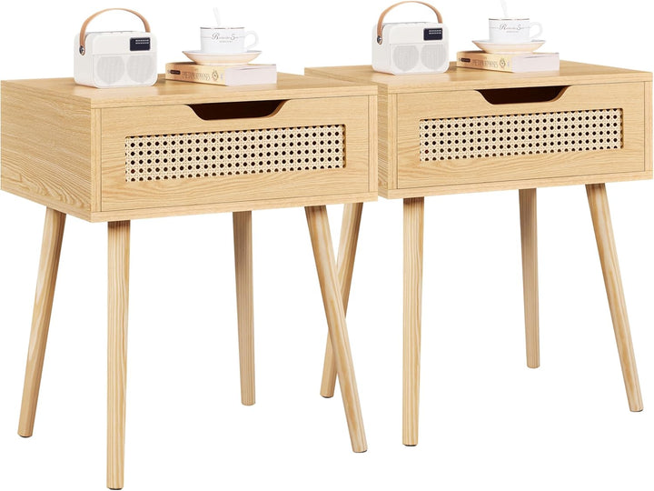 Yaheetech Nachttisch 2er Set mit Schublade Beistelltisch Rattan Nachtkommode Holzbeine Nachtschrank