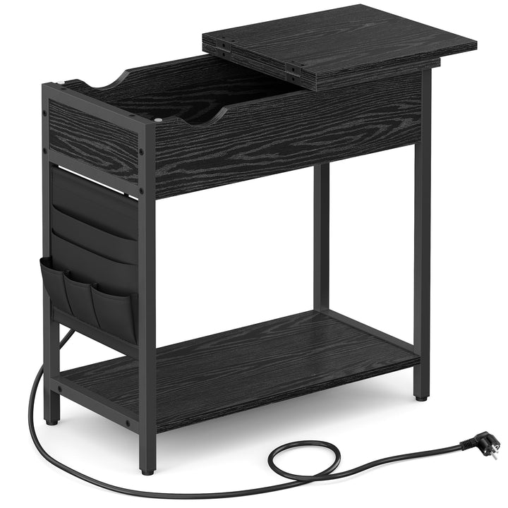 VASAGLE Beistelltisch, Nachttisch mit Steckdose, schmal, mit USB-Anschlüssen, Tasche, für Wohnzimmer
