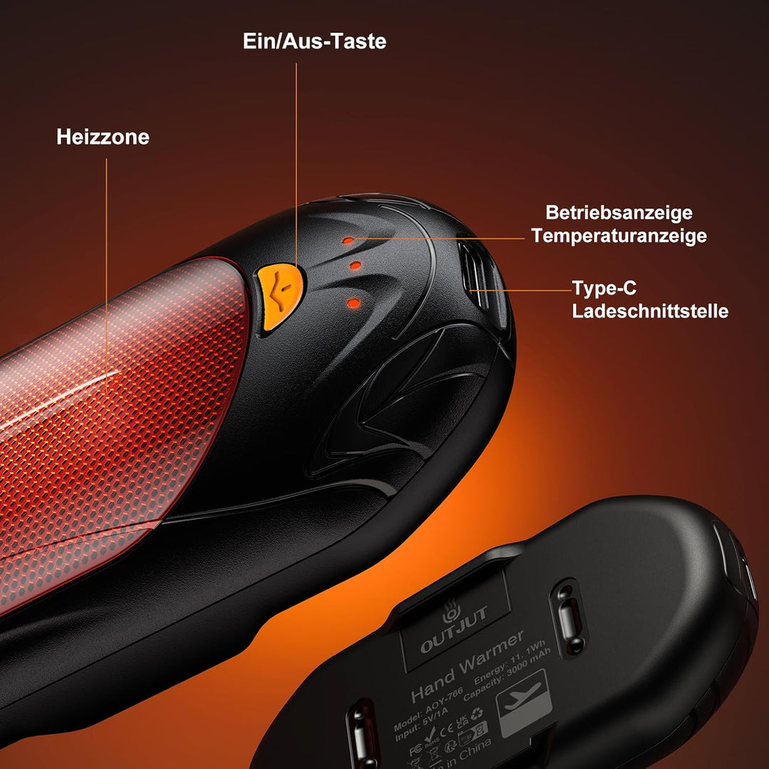 OUTJUT Handwärmer Elektrisch 6000mAh, 2 Pack Wiederaufladbar Handwärmer Tragbare Taschenwärmer 3 Hei
