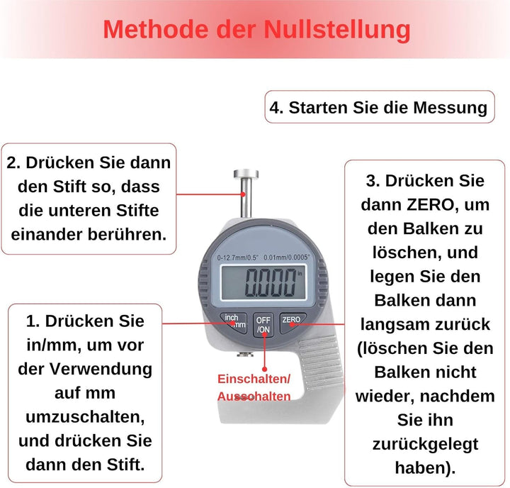 Dickenmessgerät, Digital Thickness Gauge Flat Measure Head Precise LCD Display Readout Percentage El