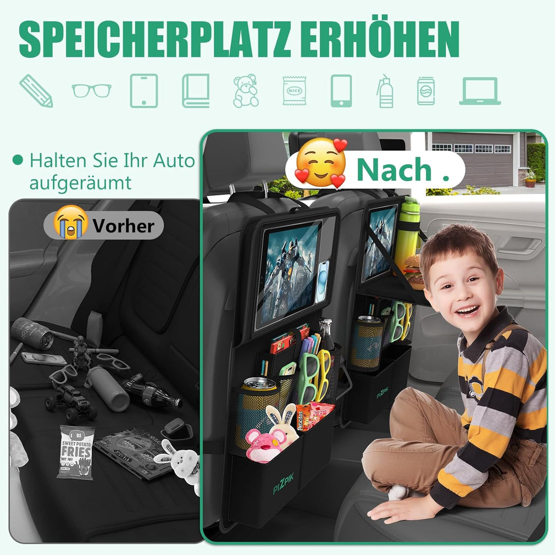 Auto Organizer,2 Grosse Rückenlehnenschutz,Autositz Organizer Kinder mit Klapptisch, 12 Taschen,wass
