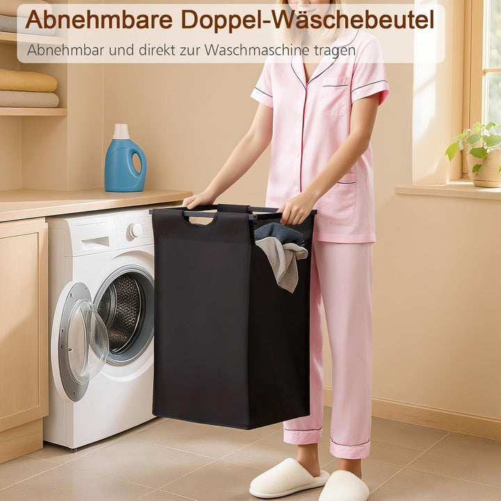 AMHANCIBLE Wäschekorb 2 Fächer, Wäschesammler mit Ablage, Wäschebox, Wäschesack aus Oxford-Gewebe au