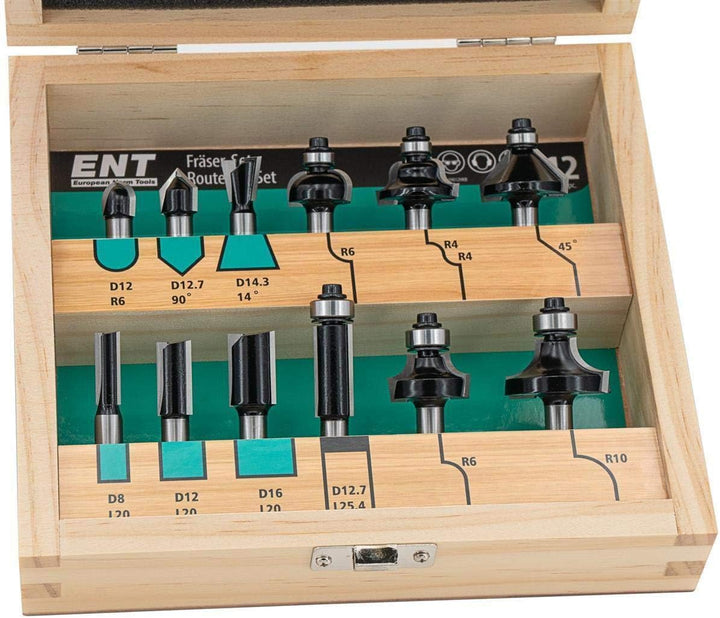 ENT 09012HKB 12-tlg. Fräser Set in Echtholzkassette - Schaft 8 mm - Hartmetall-Schneiden - Einsatz f