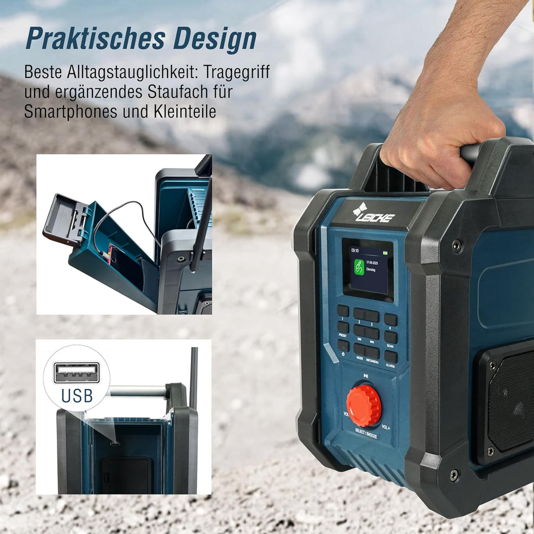 Baustellenradios - Digitales und Robustes Radio mit DAB+, FM, Bluetooth, AUX, 4000mAh Akku, 2 x 15W