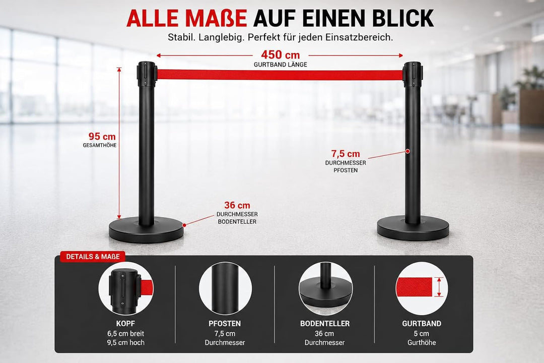 heyChef - 2er-Set | 450cm Gurtband rot extra-lang, Absperrpfosten Edelstahl pulverbeschichtet schwar