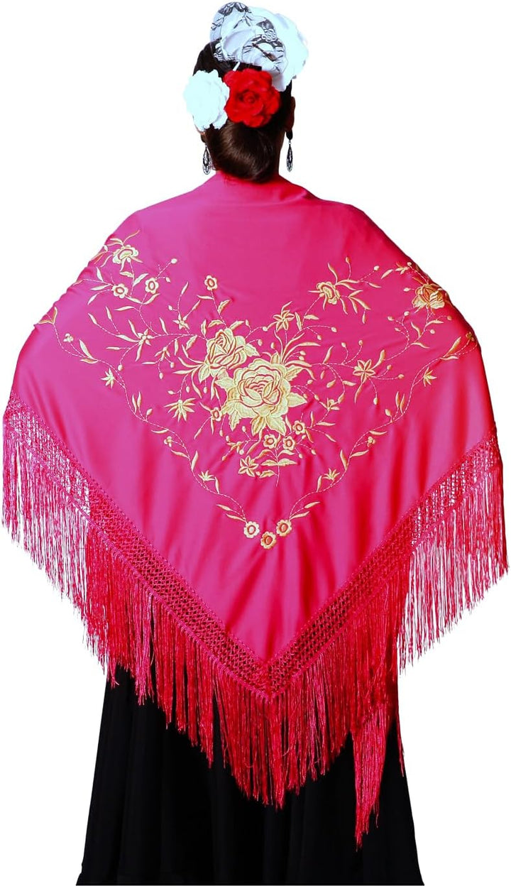 Damen Spanischer Flamenco Manila Schal XL Fuchsia Körper, Goldene Stickerei, XL Fuchsia Körper, Gold
