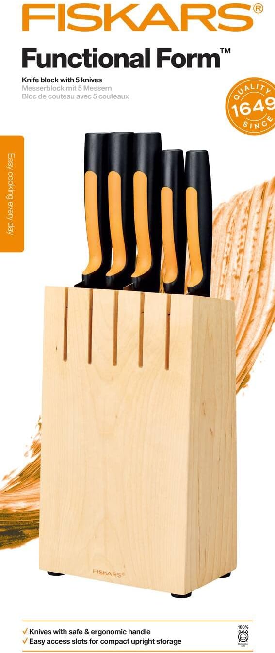 Fiskars Messerblock mit 5 Messern, Breite: 14,5 cm, Höhe: 36 cm, Birkenholz, Functional Form, 106292