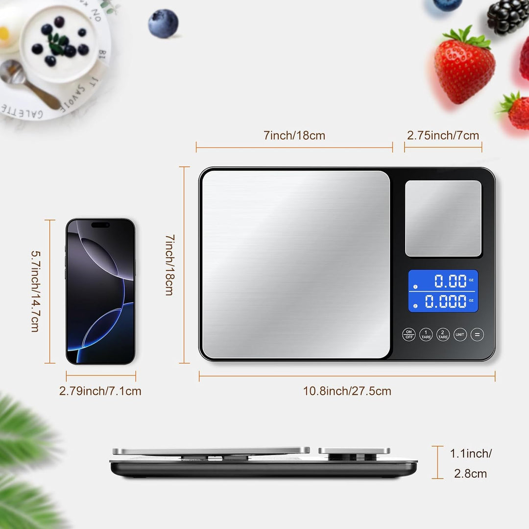 BRICH küchenwaage digital mit Dualer Plattform – 500g/0,01g & 15kg/1g Präzision, Summierfunktion, 7