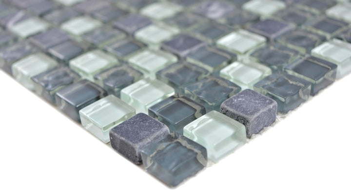 Mosaik Quadrat Crystal/Stein mix grau Glas Naturstein Fliesenspiegel, Mosaikstein Format: 15x15x8 mm