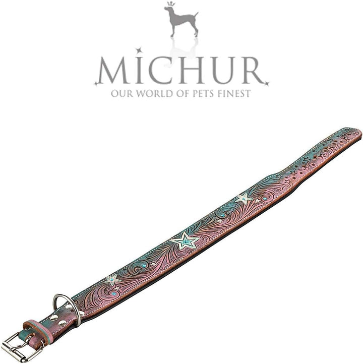 MICHUR Stardust Hundehalsband Leder, Lederhalsband Hund, Halsband, Leder, Stern Muster, Braun Grau P