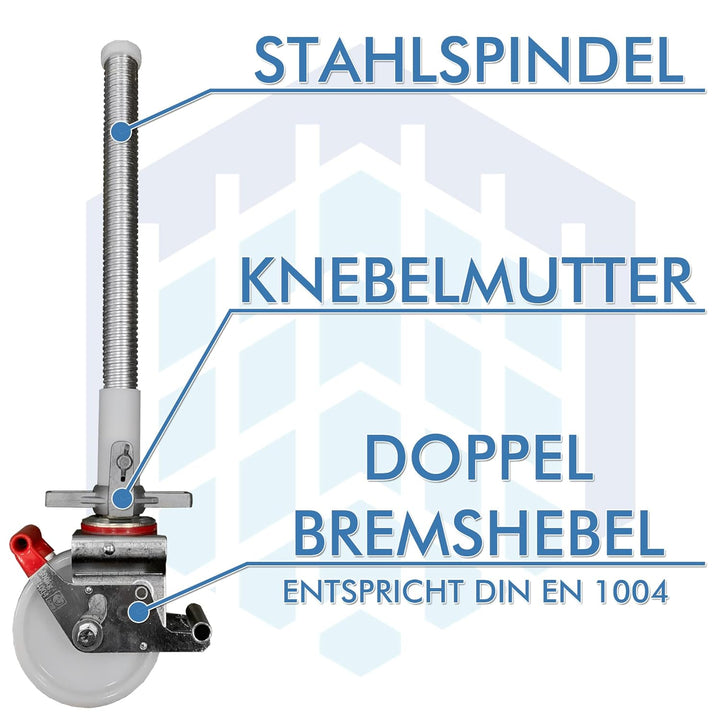 Gerüstrollen 150 mm mit Stahlspindel, doppelt gebremst, lotrecht stehend, Set mit 4 Stück, passend z