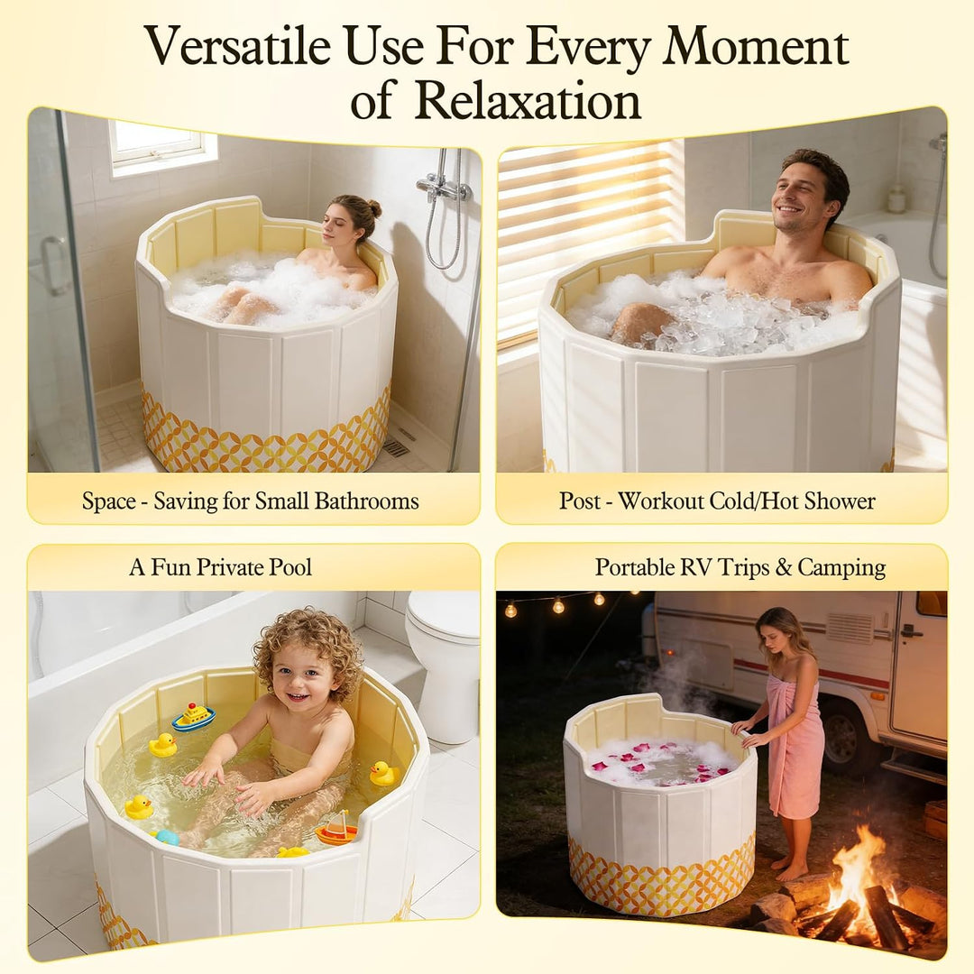 Faltbare Mobile Badewanne 80cm,Gelb,mit Abflussrohr,5*Badematte | Eisbad & Warmwasser,5-Lagige Isoli