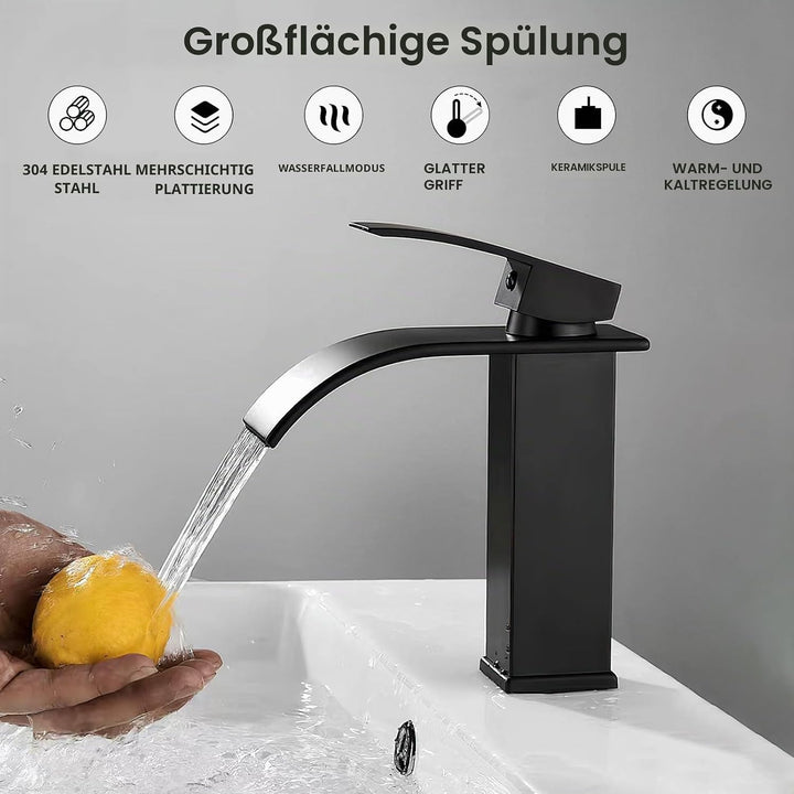 Wasserfall Wasserhahn, Badezimmer-Waschbeckenarmatur Wasserfall-Auslauf Edelstahl Heisser und Kalter