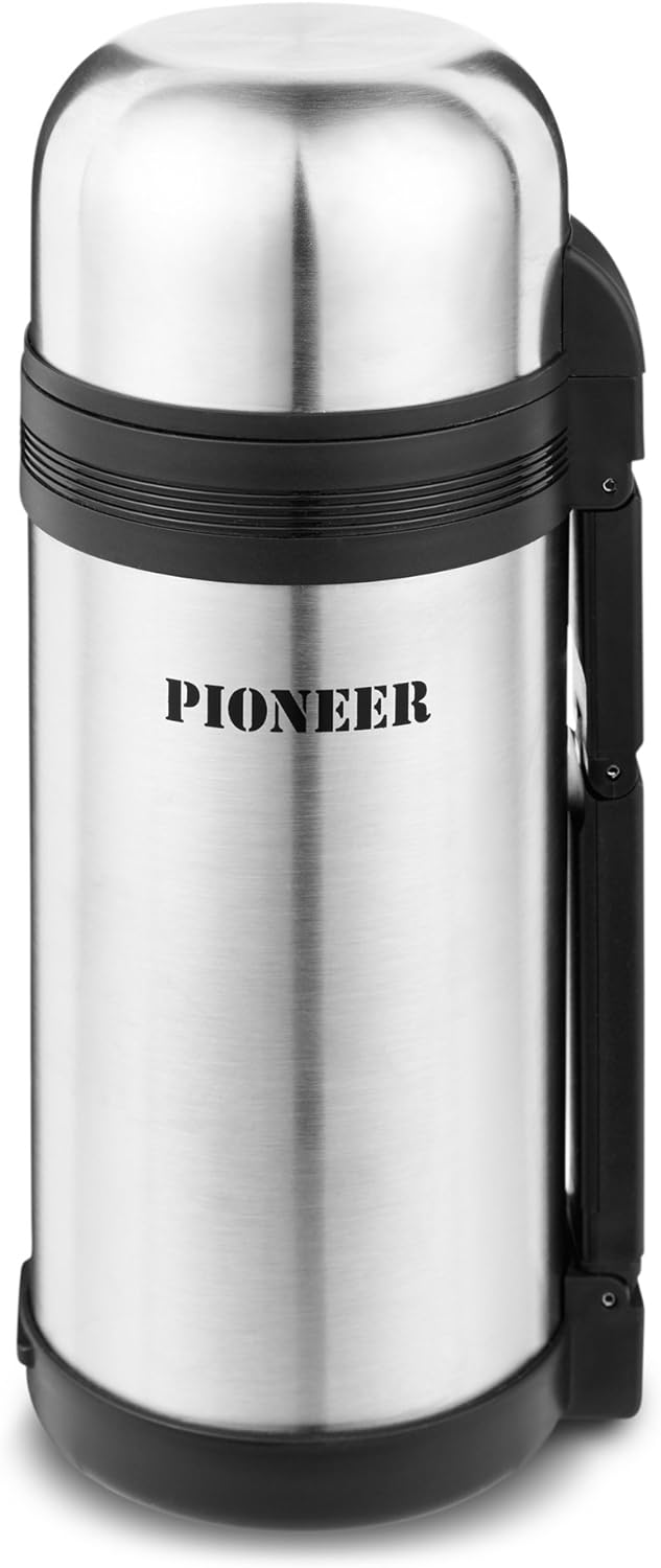 Pioneer Outdoor-Isolierflasche aus Hochwertigem Edelstahl mit Griff und Tasse 1,2 L Doppelwandig Aus