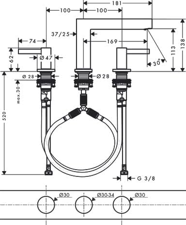 hansgrohe 3-Loch Waschtischarmatur Finoris, Wasserhahn Bad mit Auslauf Höhe 110 mm, mit Push-Open Ab