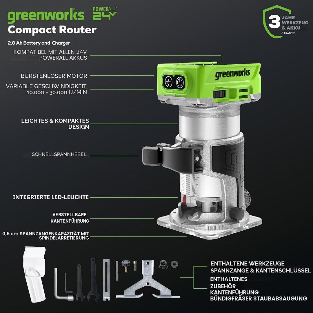 Greenworks Kompakter kabelloser Holzfräser, 24 V, 5 variable Geschwindigkeiten, 30.000 U/min, leicht