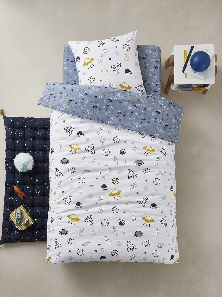 Vertbaudet Kinder Bettwäsche-Set „Cosmos“ blau/weiss Bedruckt 140X200 - Kissen 50X75 140X200 - KISSE