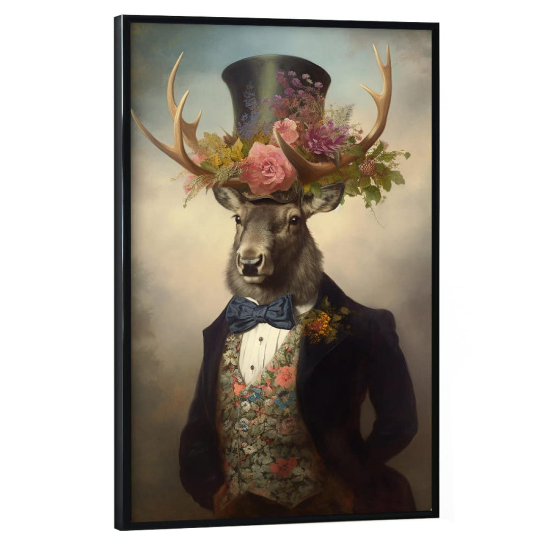artboxONE Poster mit schwarzem Rahmen 60x40 cm Tiere Gentleman Hirsch mit Blumen - Bild Hirsch Blume
