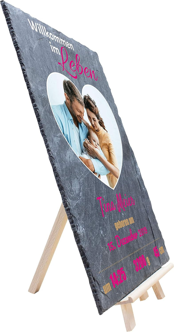 wandmotiv24 Personalisierbare Schiefertafel als Geschenk zur Geburt, 20 x 30 cm, Staffelei, Foto & G