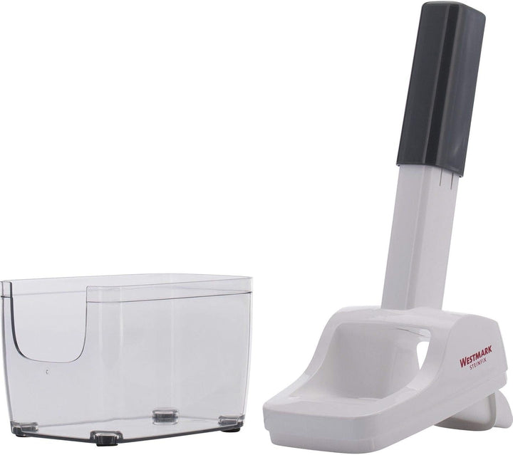 Westmark Pflaumen- und Zwetschgenentsteiner mit Auffangbehälter, Höhe: 33,7 cm, Edelstahl/Kunststoff