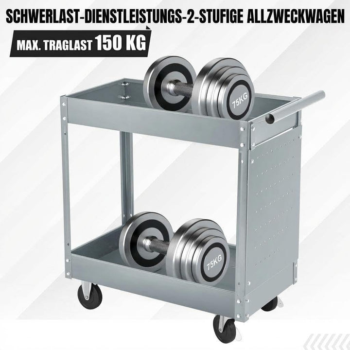 Werkzeugwagen Rollbar 2 Ebenen, Bis 150 kg Belastbar, Metall Werkstattwagen Mit Rollen und Lochwand,