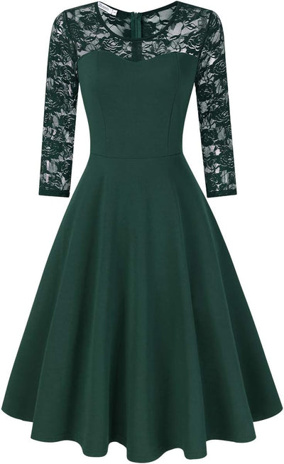Damen Elegant Spitzenkleid Cocktailkleid Brautjungfernkleider für Hochzeit Abendkleider Rundhals Kni