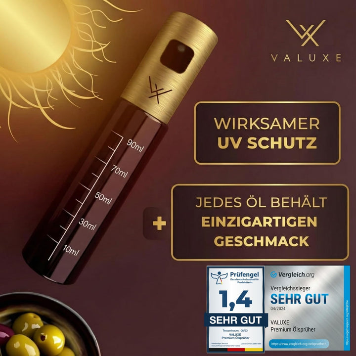 VALUXE® Ölsprüher für Speiseöl und Essig mit UV-Schutz Glas & Sprühfilter - Edelstahl Öl-Sprühflasch