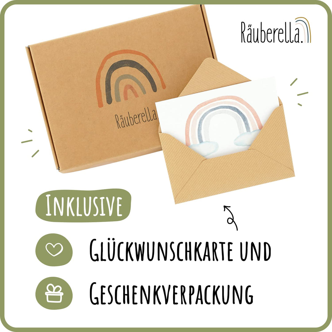 Räuberella® Baby Geschenk zur Geburt + Karte und Geschenkverpackung Strampler, Mütze und Lätzchen (O