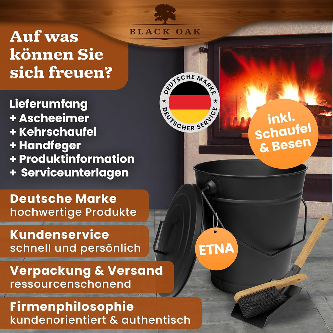 BLACK OAK Ascheeimer Etna 14L – Set Schaufel & Besen schwarz rund mit Deckel gross 14 Liter Stahl fe