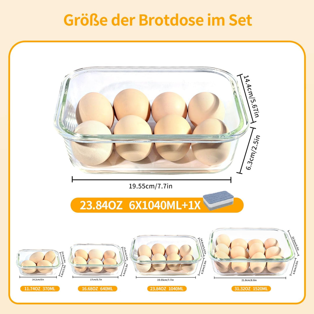 LNWSN Glas Aufbewahrung mit Deckel 6er Set, 1040ml Mehrzweck-Meal Prep Glas mit Schnappverschluss an