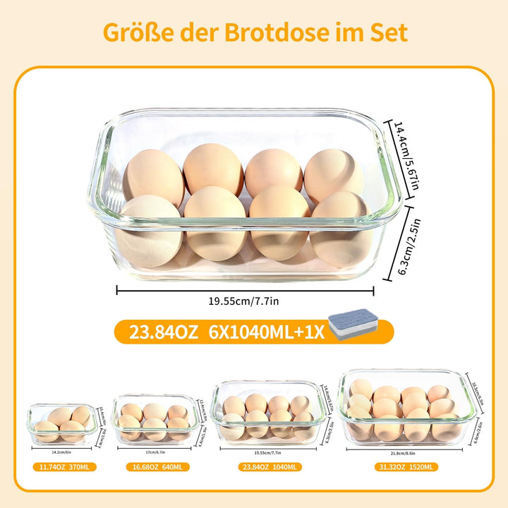 LNWSN Glas Aufbewahrung mit Deckel 6er Set, 1040ml Mehrzweck-Meal Prep Glas mit Schnappverschluss an