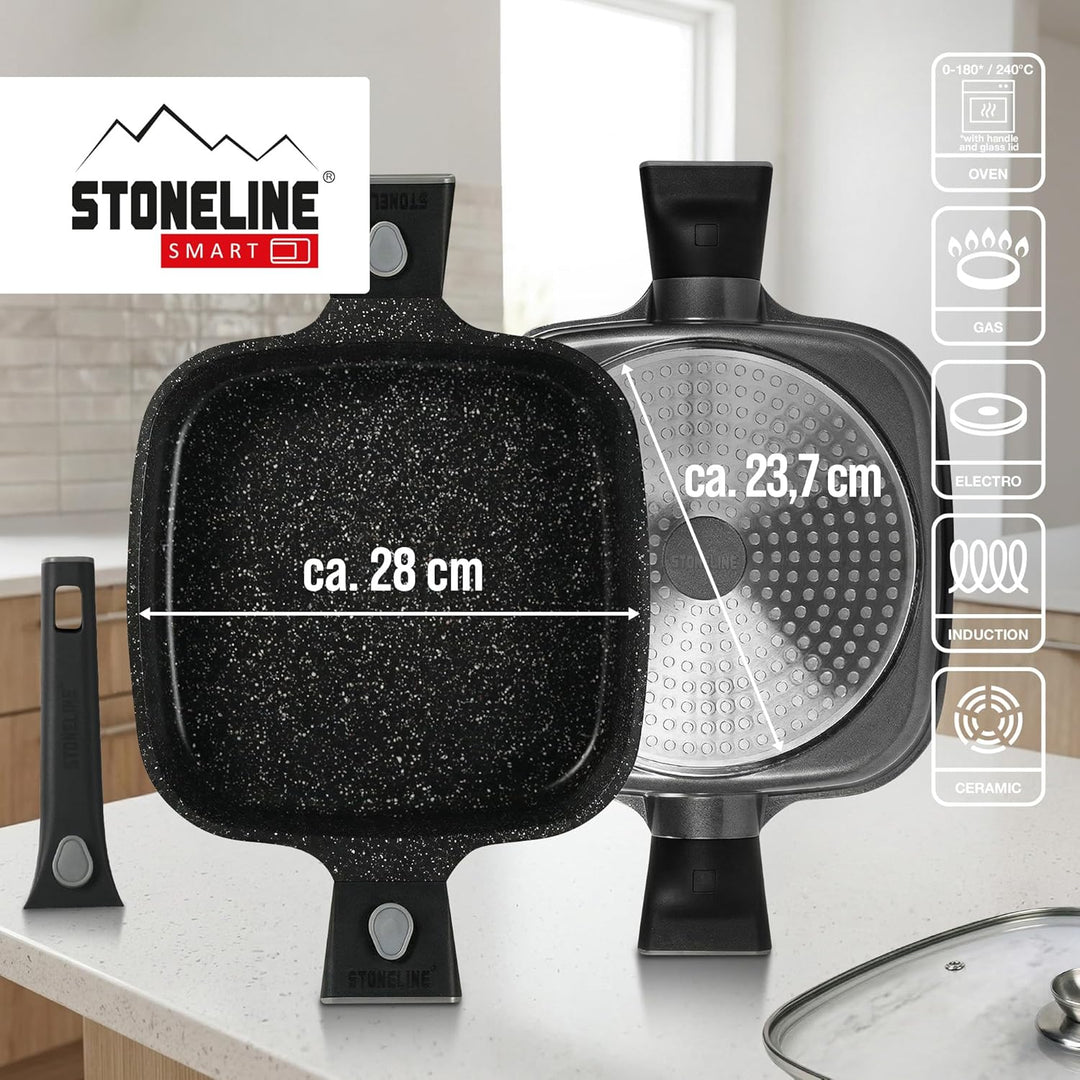 STONELINE SMART Servierpfanne 28 cm, Eckige Pfanne mit Deckel, Abnehmbarer Griff, Aluguss Pfanne Ind