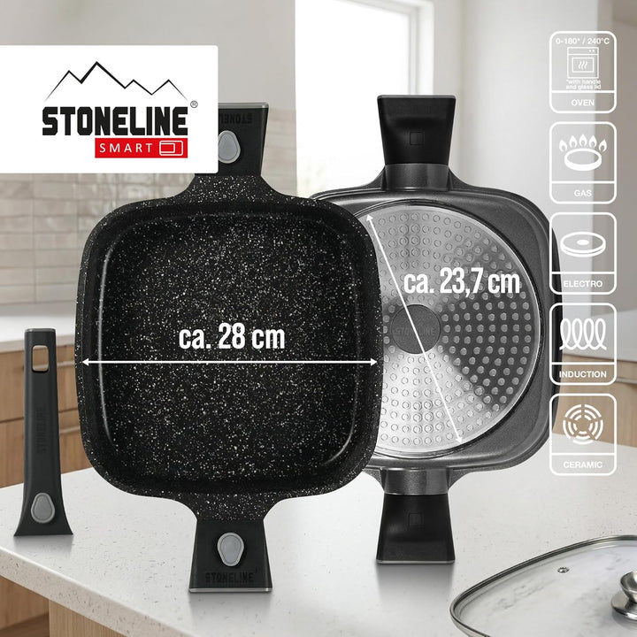 STONELINE SMART Servierpfanne 28 cm, Eckige Pfanne mit Deckel, Abnehmbarer Griff, Aluguss Pfanne Ind