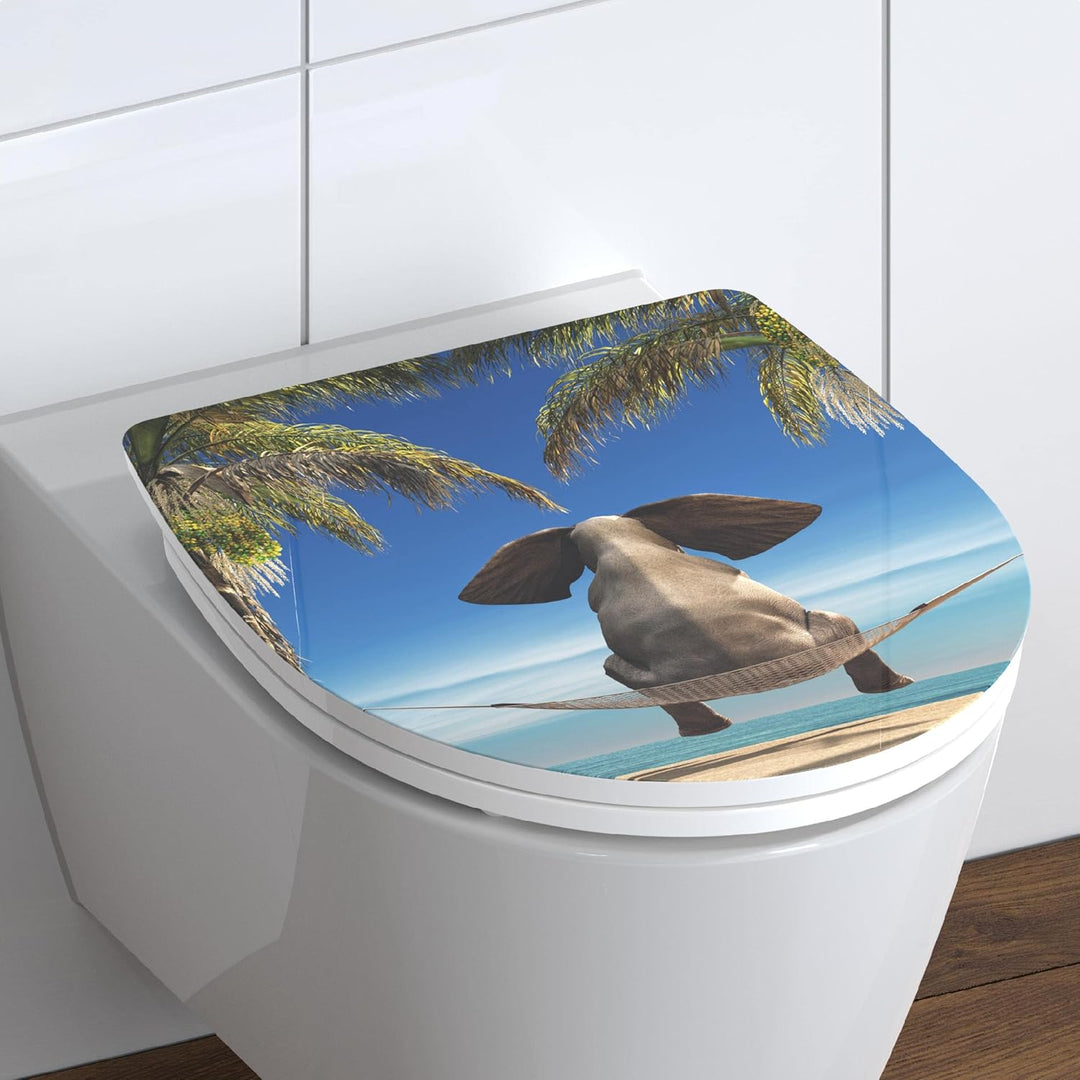 SCHÜTTE WC-Sitz Duroplast HG HAPPY ELEPHANT, Hochglänzender Toilettensitz mit Absenkautomatik, Schne