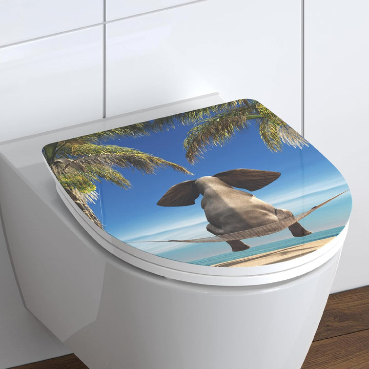 SCHÜTTE WC-Sitz Duroplast HG HAPPY ELEPHANT, Hochglänzender Toilettensitz mit Absenkautomatik, Schne