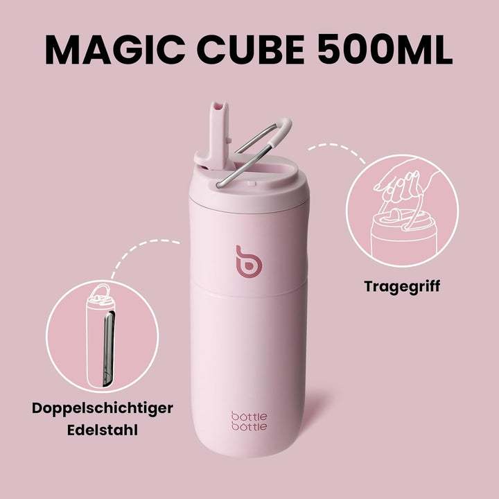 BOTTLE BOTTLE Edelstahl Trinkflasche mit Strohhalm 500ml, auslaufsichere Sportwasserflasche, ideal f