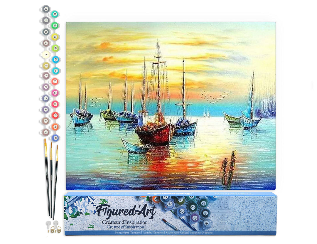 Figured'Art Malen Nach Zahlen Erwachsene Segelboote an der Küste - Paint by Numbers Basteln DIY Bast