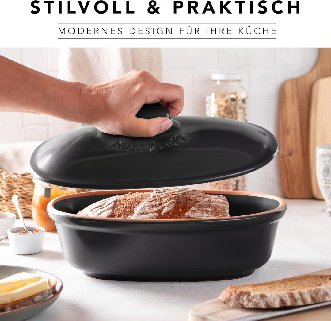 Römertopf Brottopf oval MEDI 2,3 Liter - Brotkasten Schwarz aus Keramik - Atmungsaktiver Tontopf für