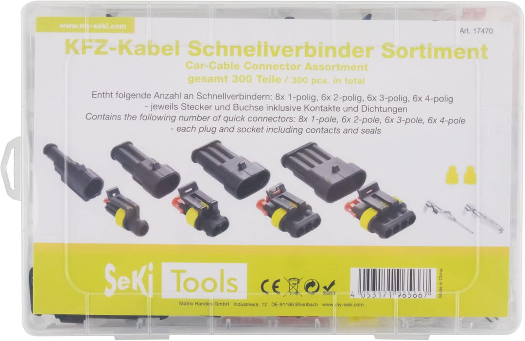 SeKi KFZ Kabel Steckverbinder Sortiment 300 teilig (für 26 Steckverbindungen) 1- bis 4-polig; IP67 w