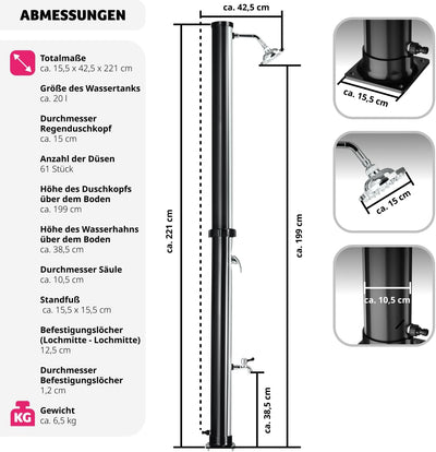 tectake® Gartendusche mit Duschkopf gross und Wasserhahn für Füsse, Solardusche 20l, solar Shower Au