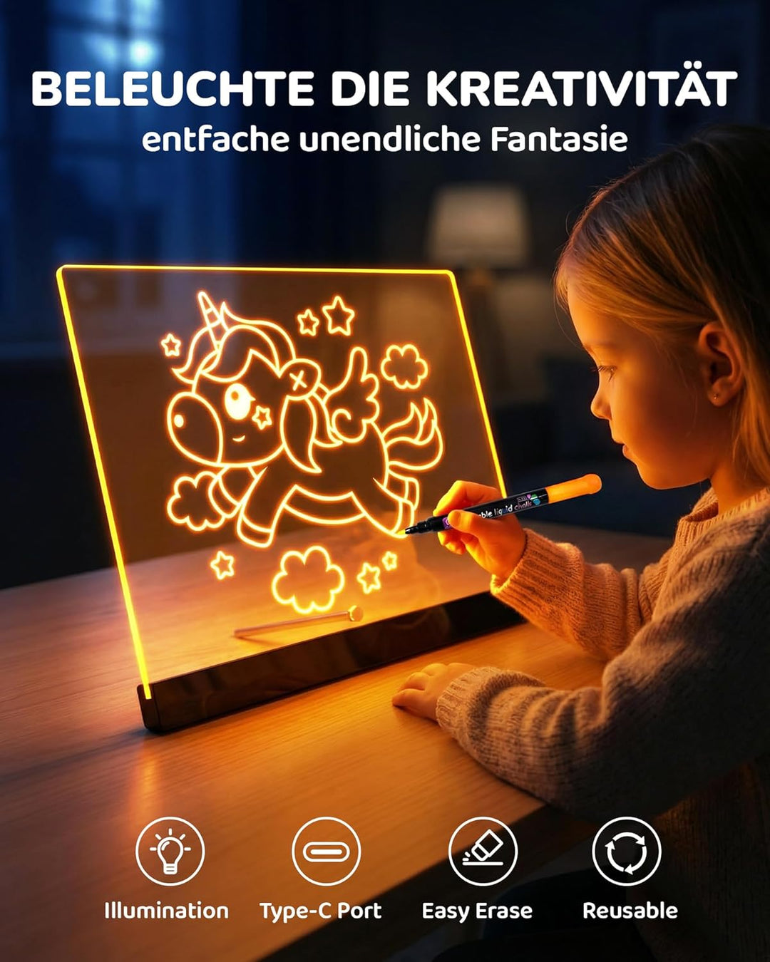 KOKODI LED Zeichentafel für Kinder, leuchtendes Malbrett 37x27 cm mit 7 Stiften, USB-C, kreatives Le